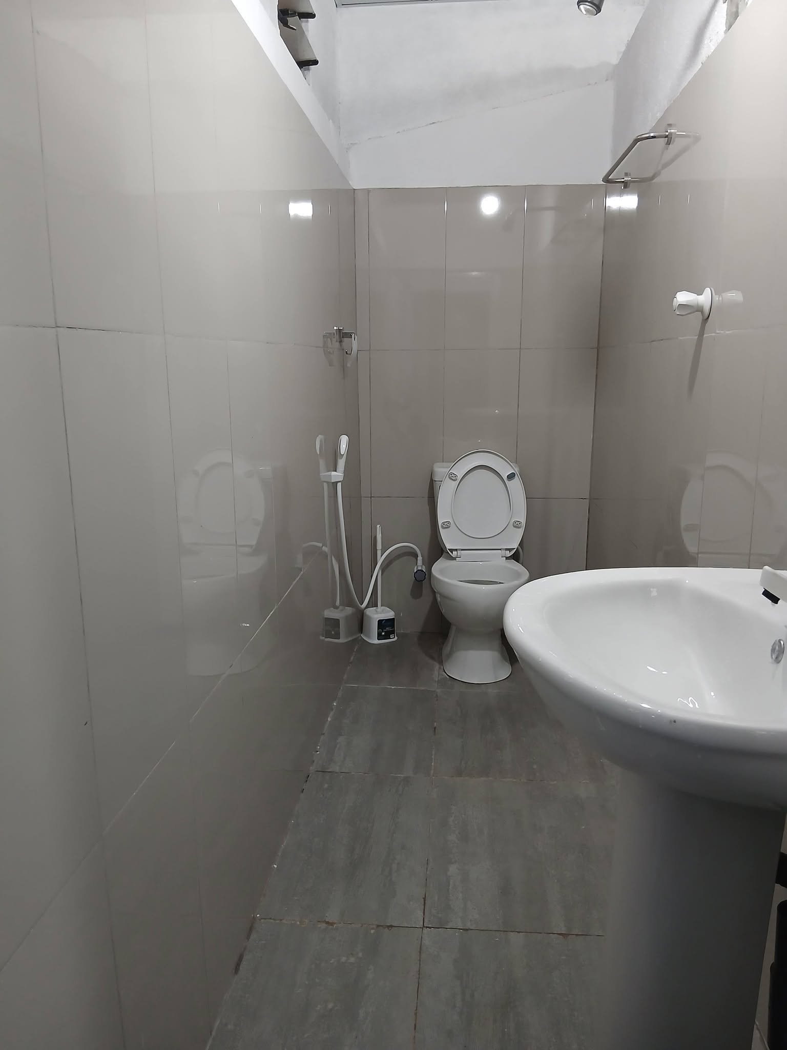 Sparkling clean common bathroom with instant hot water shower and modern bidet fittings